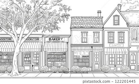 a charming black-and-white line art illustration of a small-town street scene. Feature a cozy bookstore, a bakery, and a residential house, all arranged side by side 122201445