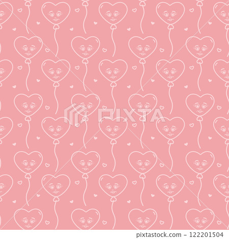 Outline Hand drawn Heart shape balloons and hearts Seamless Pattern. White on soft pink background 122201504