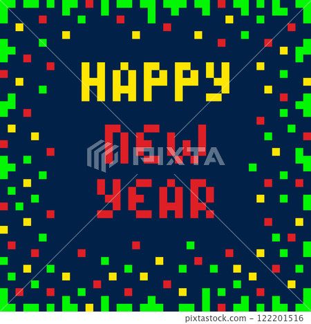 Happy New Year Colorful Pixel4 sides Frame Border and Text inside. Festive text in trendy Pixel Art 122201516