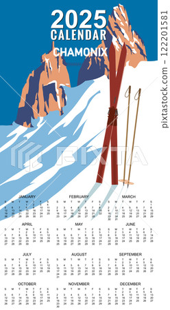 Monthly 2025 Calendar Vintage Travel poster Ski Chamonix resort. France winter landscape travel card 122201581