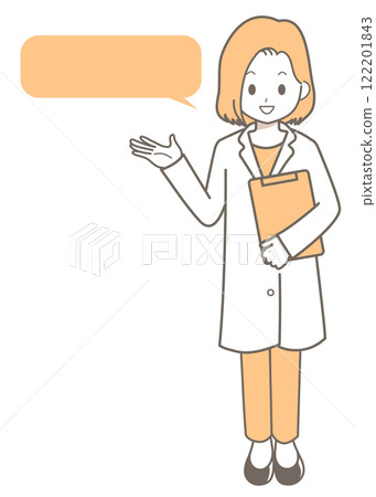 一位穿著白大褂的微笑女士用語音氣泡解釋的插圖 一位穿著白大褂的微笑女士用語音氣泡解釋的插圖 122201843