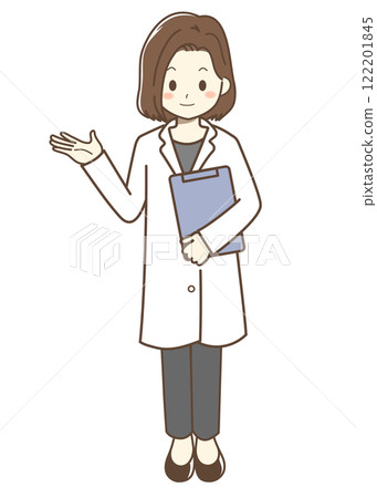 Illustration of a woman in a white coat explaining 122201845