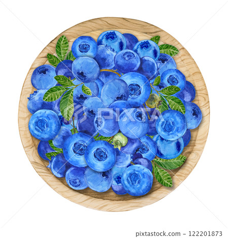 Blueberries in a bowl, watercolor. Ripe berries in a wooden plate on a transparent background, top view. Farm harvest, rustic style, botanical illustration. Clipart for packing yogurt, jam, menu. 122201873