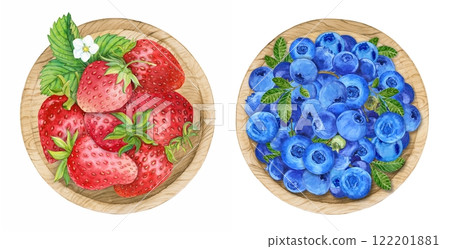 Blueberries and strawberries in a bowl, watercolor. Ripe berries in a wooden plate on a white background, top view. Farm harvest, rustic style, botanical illustration. Provence style. 122201881