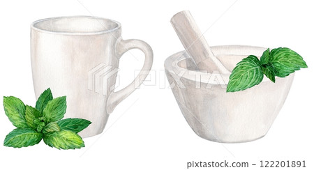 White ceramic mortar, mug and sprig of mint. Watercolor illustration. The concept of a home laboratory for the production of tea, herbal medicines. 122201891