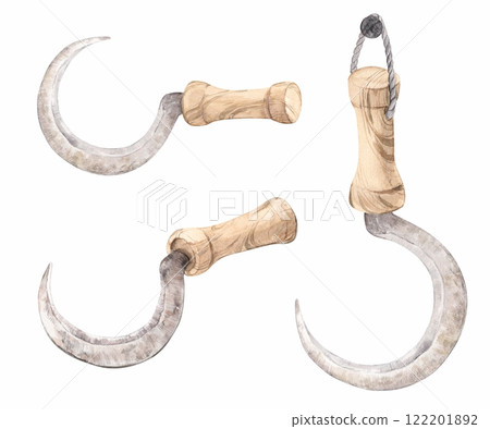 Garden sickles on a white background. A tool for harvesting, medicinal herbs, mowing grass. Antique steel sickle with wooden handle, antique. Watercolor illustration. 122201892