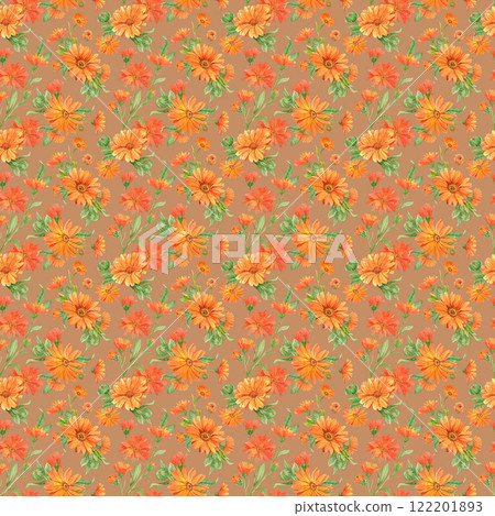 Beautiful seamless floral pattern with hand painted watercolor bright flowers. Orange alendula on a white background. Illustration for packaging design, textiles, wallpapers. Beautiful seamless floral pattern with hand painted watercolor bright flowers. Orange alendula on a white background. Illustration for packaging design, textiles, wallpapers. 122201893