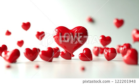 Glossy red heart with the word LOVE in bold letters. Floating small hearts. Valentine's Day poster, store advertising, delivery gift, template of card, 122201948