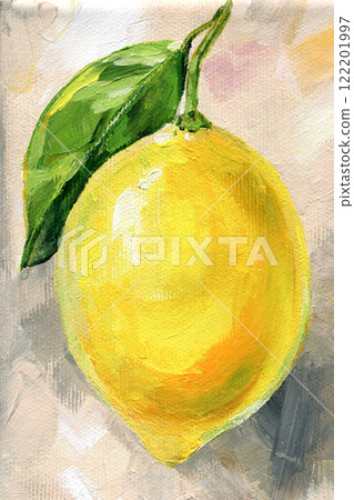 Yellow Lemon. Ripe citrus fruits on color beige background canvas, acrylic painting, vintage picture Lemon 122201997