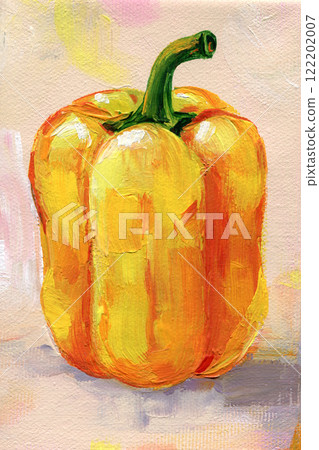 Ripe fruits vegetables on color beige background canvas, acrylic painting, vintage picture paprika, yellow pepper 122202007