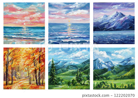 landscape acrylic painting with sunset ocean scenes, mountain view and autumn forest artwork hand-painted on canvas 122202070