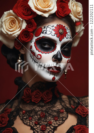 Girl with painting on face and roses in hair. Halloween costume and make-up 122202111