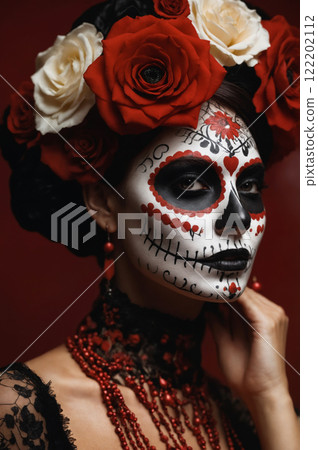 Girl with painting on face and roses in hair. Halloween costume and make-up 122202112
