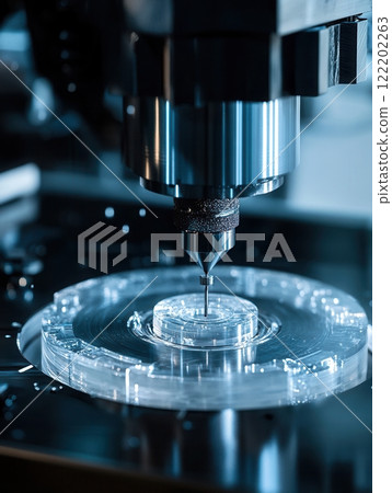 Precision CNC machine working on transparent materials in a high-tech manufacturing environment 122202263