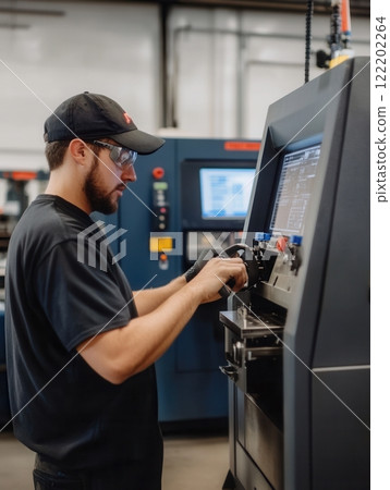 Technician operating CNC machine in a manufacturing facility with focus on precision and control 122202264