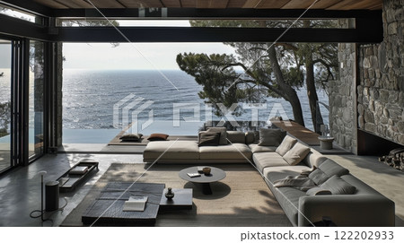 Modern oceanfront living room with panoramic view and sleek interior design 122202933