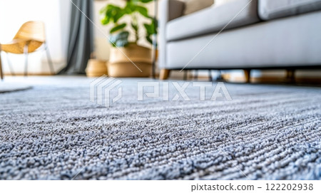 Cozy modern living room with plush gray carpet and greenery 122202938