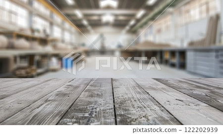 Rustic wooden table in spacious workshop with soft focus background 122202939