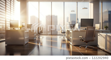 A warm sun shines through the large windows of a modern office with several workspaces.Coworking concept. AI generated 122202940