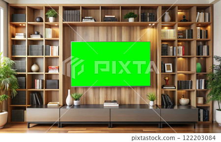Tv Library Image Innovations among books: TV in the interior of... - Stock Illustration ...