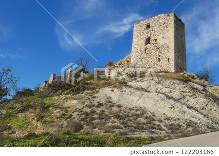tower in the ruins of Miralles Castle, Spain tower in the ruins of Miralles Castle, Spain 122203166