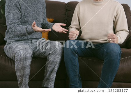 two men are arguing sitting on a brown sofa two men are arguing sitting on a brown sofa 122203177