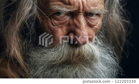 Elderly man with intense gaze and long beard. 122203339