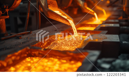 Molten metal flowing in an industrial foundry. 122203341