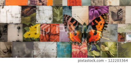 Butterfly collage on varied textured squares. 122203364