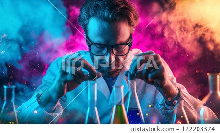 Focused scientist performing colorful experiments in lab. Focused scientist performing colorful experiments in lab. 122203374