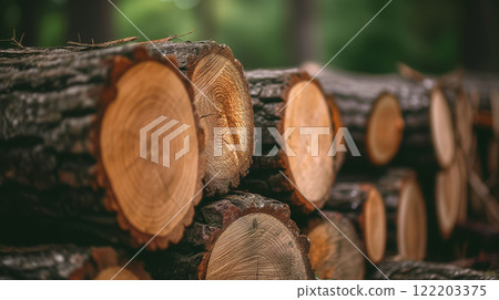 Stacked logs showcasing cross-section of wood textures. Stacked logs showcasing cross-section of wood textures. 122203375