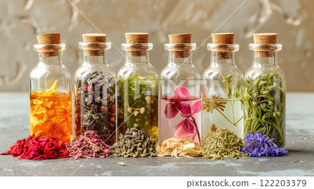 Assorted dried herbs in bottles with cork tops. 122203379