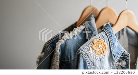 Handmade vintage denim jacket with floral patchwork 122203680