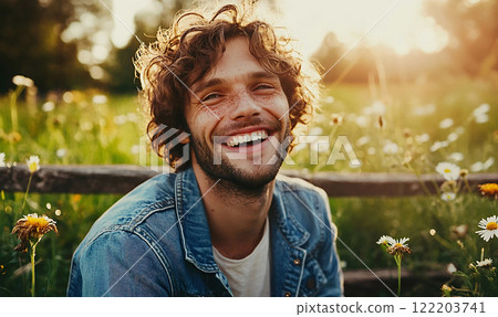 Man in a Denim Jacket Smiling in a Field 122203741