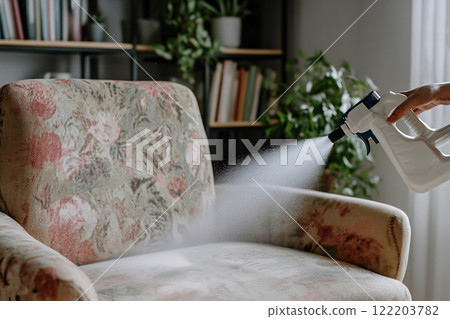 Person spraying fabric cleaner onto patterned chair 122203782