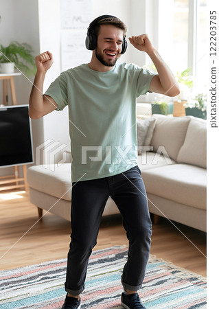 Young man dancing with headphones in a bright living room 122203785