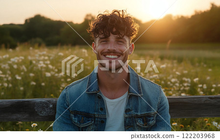 Smiling Young Man in a Flower Field at Sunset 122203968