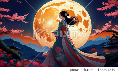 A girl in a kimono looking up at cherry blossoms on a full moon night 122204219