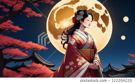 A girl in a kimono looking up at cherry blossoms on a full moon night 122204220