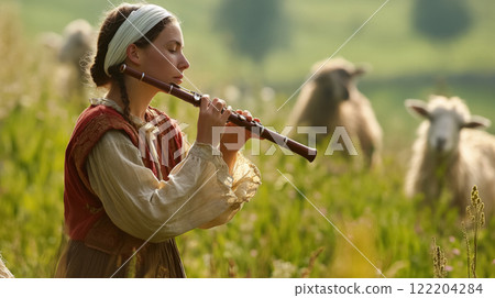 Woman playing flute in field with sheep. 122204284