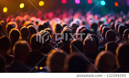 Crowded audience under colorful stage lights. 122204293