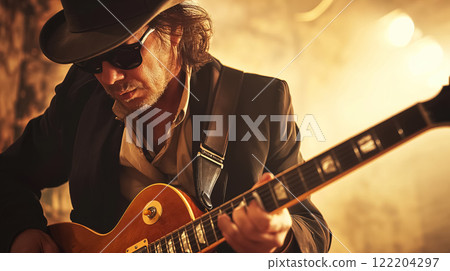 Guitarist playing under warm stage lighting. 122204297