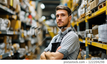 Warehouse worker confidently standing with arms crossed. 122204298