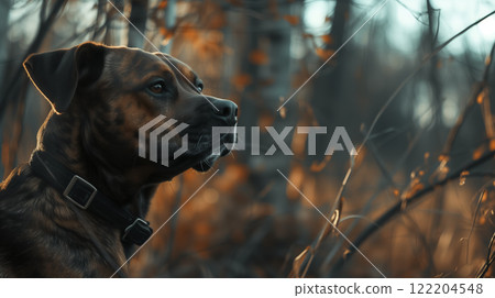 Alert dog among autumn branches. Alert dog among autumn branches. 122204548