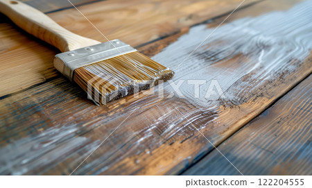 Paintbrush on wooden surface with white paint. Paintbrush on wooden surface with white paint. 122204555