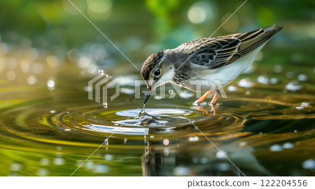 Sandpiper bird sipping water from pond. 122204556