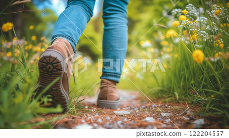 Person walking on a path through wildflowers. Person walking on a path through wildflowers. 122204557
