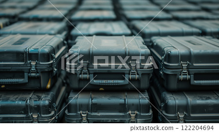 Rows of rugged black storage cases neatly arranged. 122204694
