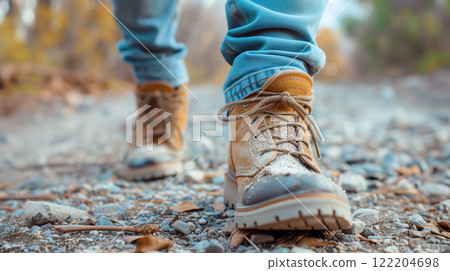Close-up of hiking boots on a rocky trail. Close-up of hiking boots on a rocky trail. 122204698