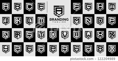 Stripe line technology shield letter A-Z logo set Stripe line technology shield letter A-Z logo set 122204989